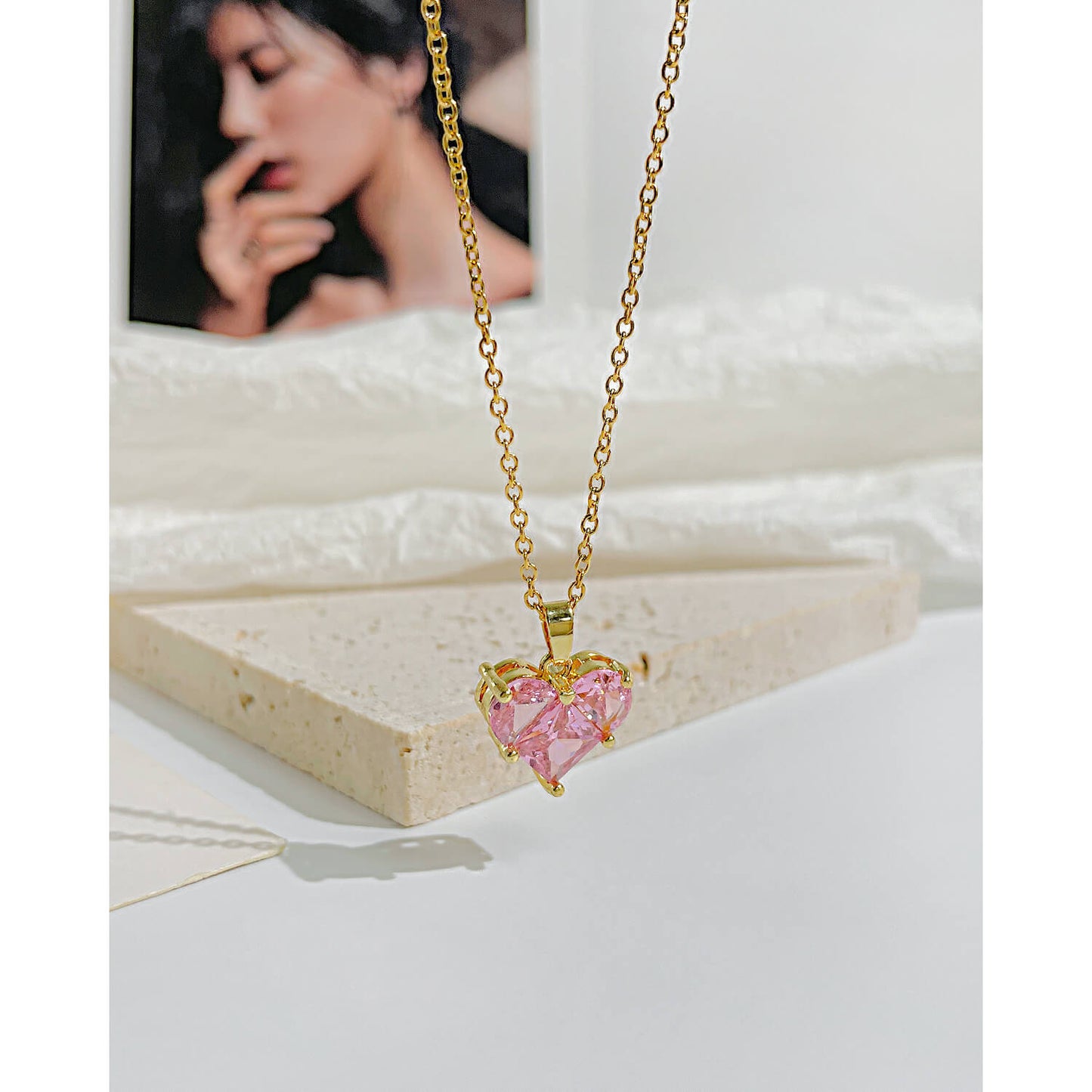 AG Stunning Pink Zirconia Heart Pendant Necklace - AGCHEN JEWELRY,necklace