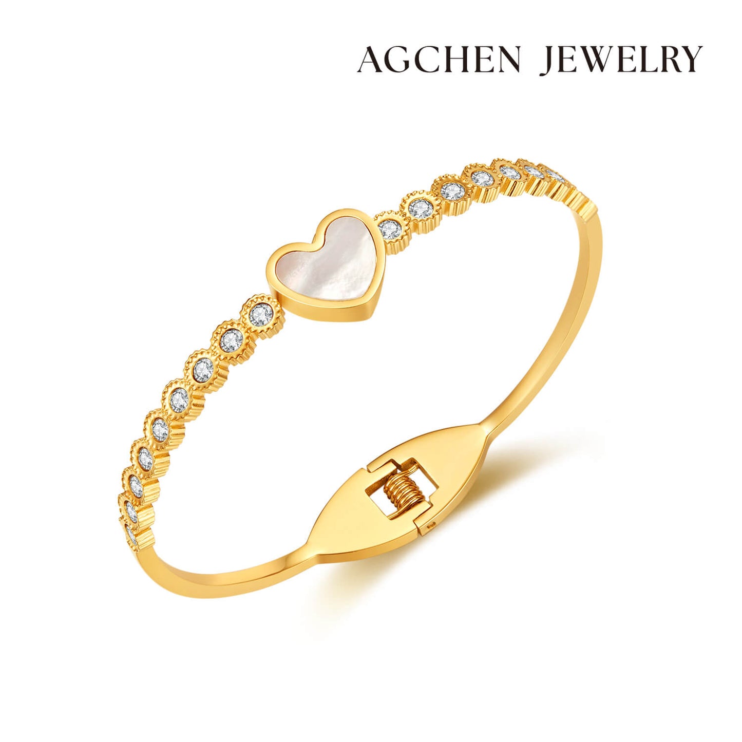 AG Pearl Oyster Heart With Zirconia Diamond Bangle Bracelet - AGCHEN JEWELRY,bracelet