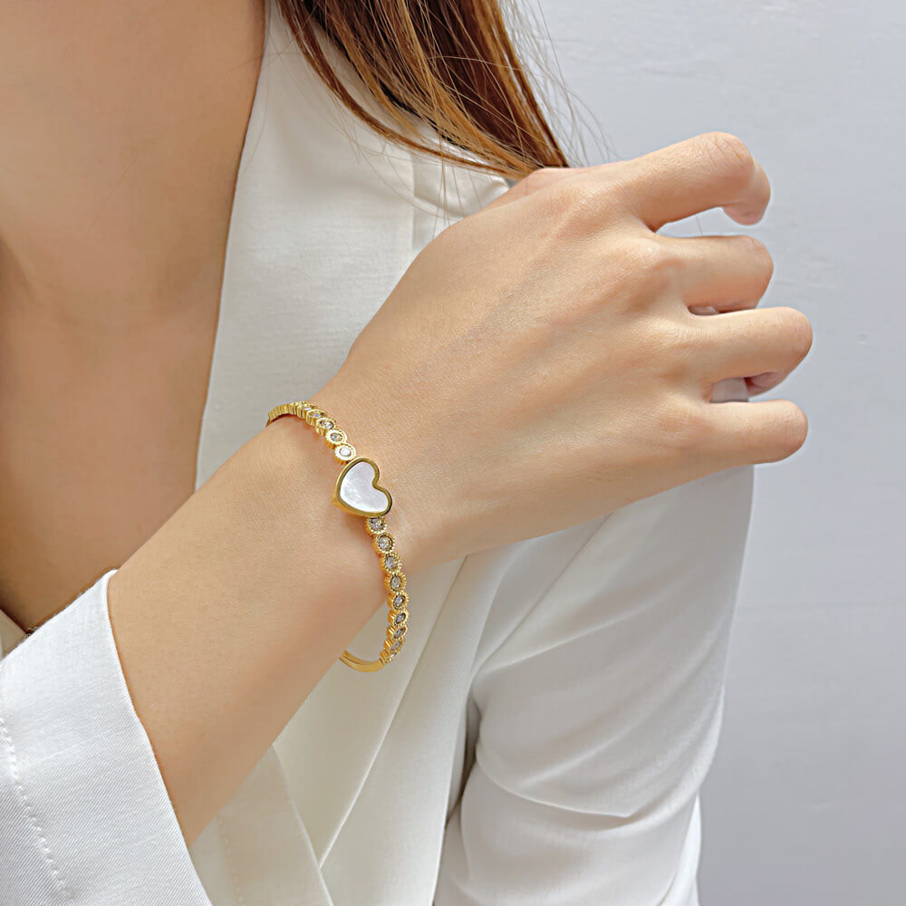 AG Pearl Oyster Heart With Zirconia Diamond Bangle Bracelet - AGCHEN JEWELRY,bracelet
