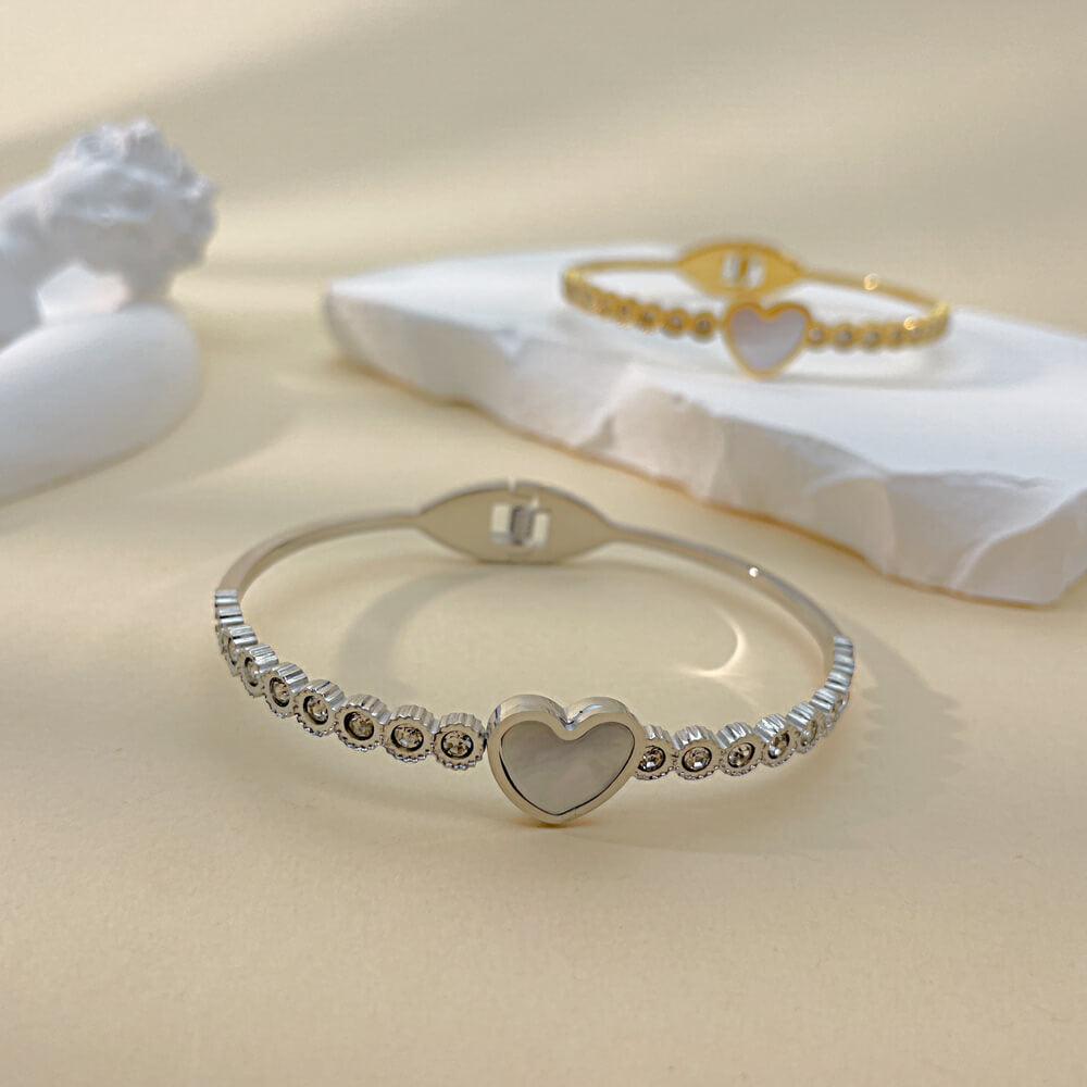 AG Pearl Oyster Heart With Zirconia Diamond Bangle Bracelet - AGCHEN JEWELRY,bracelet