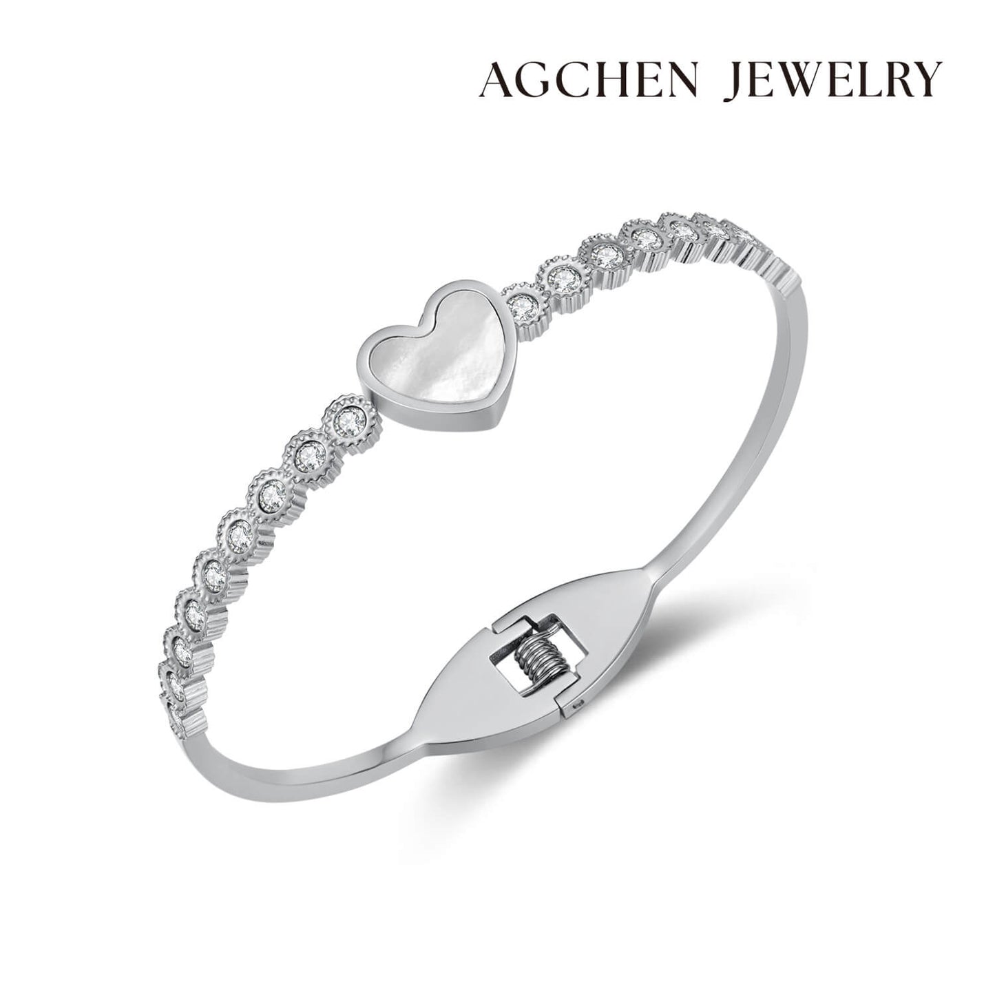 AG Pearl Oyster Heart With Zirconia Diamond Bangle Bracelet - AGCHEN JEWELRY,bracelet