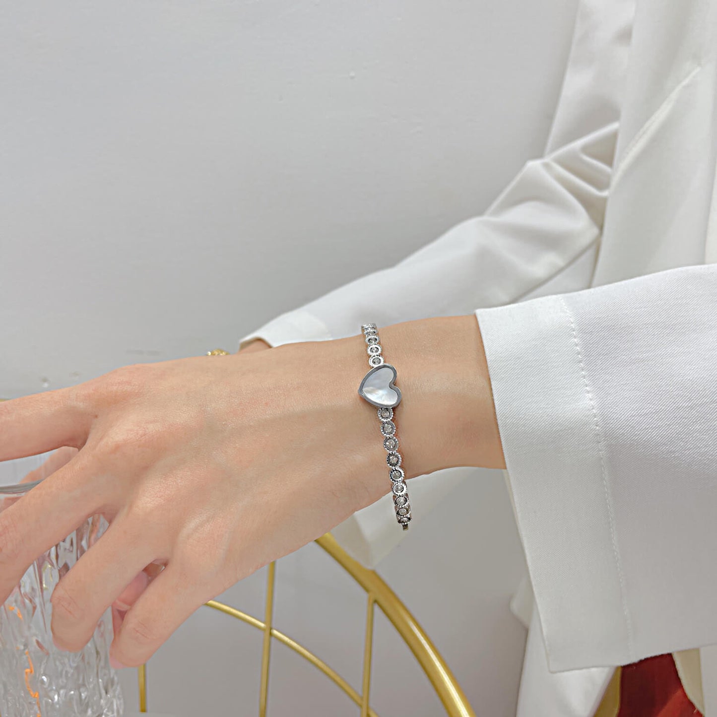 AG Pearl Oyster Heart With Zirconia Diamond Bangle Bracelet - AGCHEN JEWELRY,bracelet