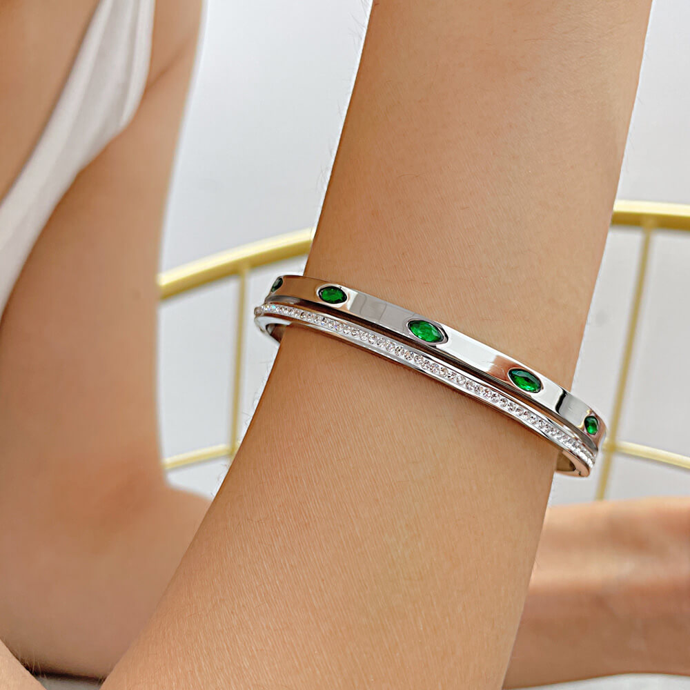 AG Sparkling Zirconia Bangle Brace With Green Crystals - AGCHEN JEWELRY,bracelet