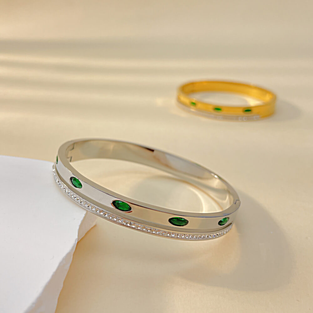 AG Sparkling Zirconia Bangle Brace With Green Crystals - AGCHEN JEWELRY,bracelet
