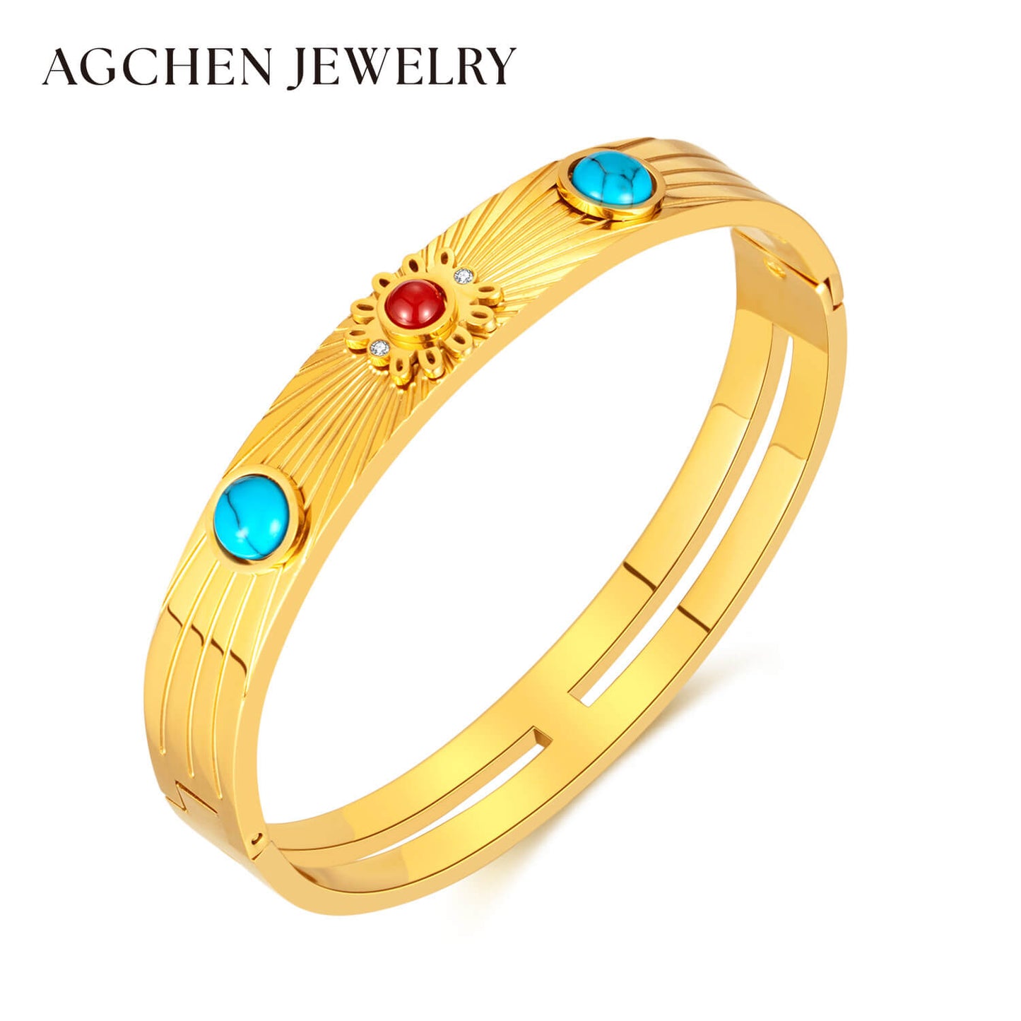 AG Glittering Stainless Steel Bangle Bracelet With Turquoise Stone - AGCHEN JEWELRY,hot sale