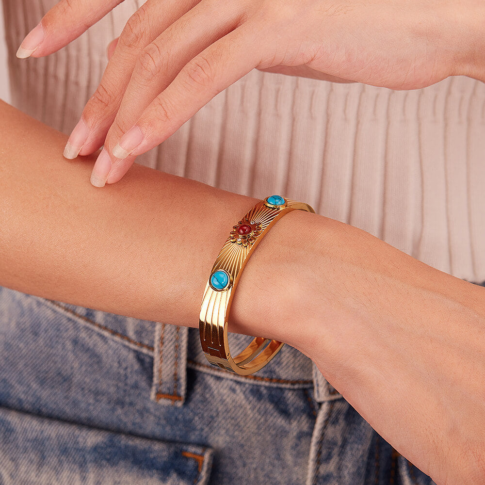 AG Glittering Stainless Steel Bangle Bracelet With Turquoise Stone - AGCHEN JEWELRY,hot sale