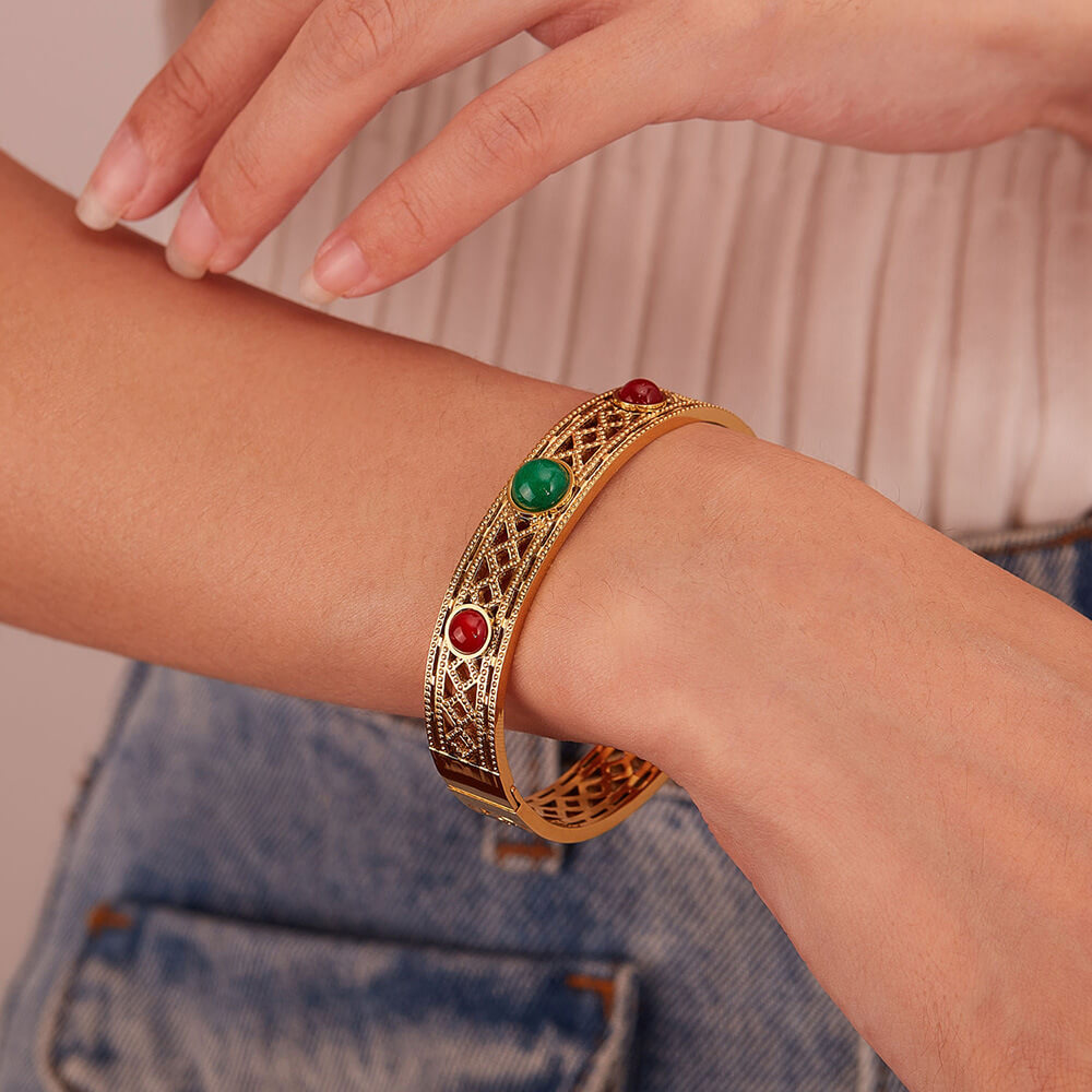 AG Glittering Gold Bangle Bracelet With Turquoise Stone - AGCHEN JEWELRY,hot sale