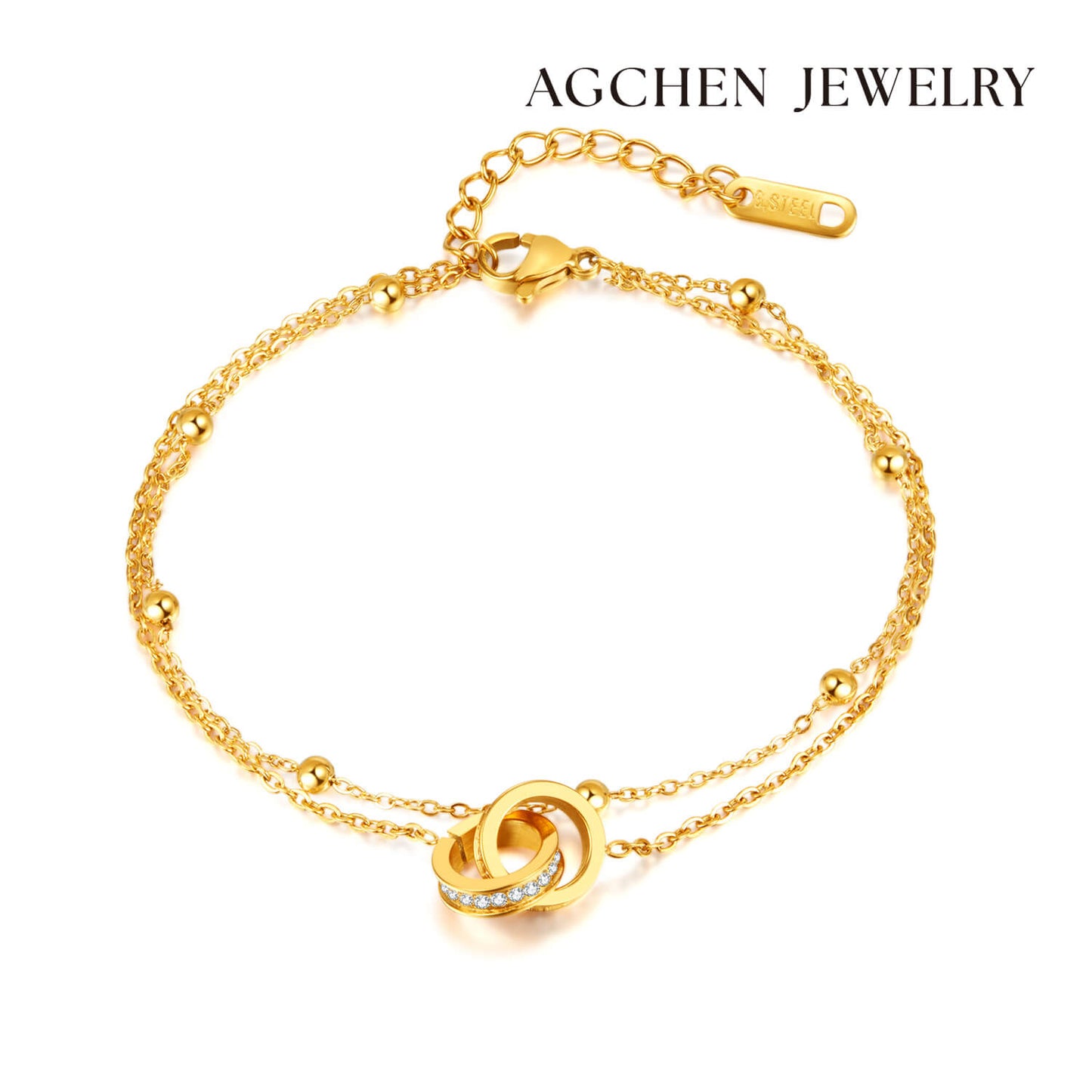 AG Cubic Zirconia-Studded Gold Crossing Rings Bracelet - AGCHEN JEWELRY,bracelet