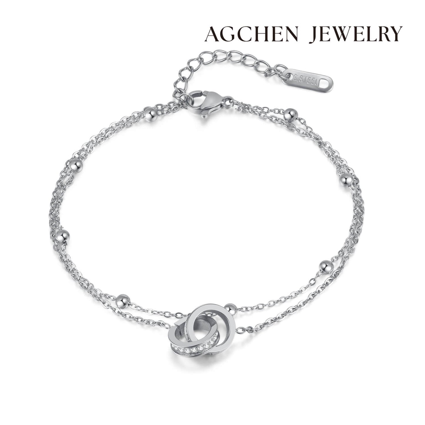 AG Cubic Zirconia-Studded Gold Crossing Rings Bracelet - AGCHEN JEWELRY,bracelet