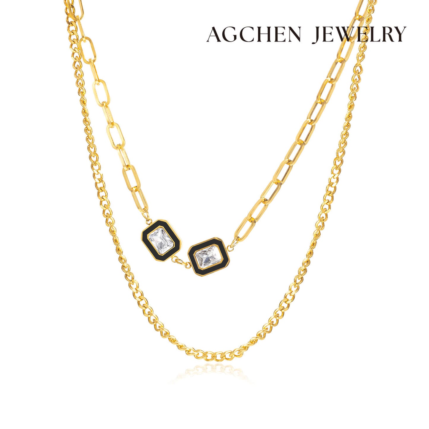 AG Double Black Gold Cubic Zirconia Pendant Necklace - AGCHEN JEWELRY,necklace