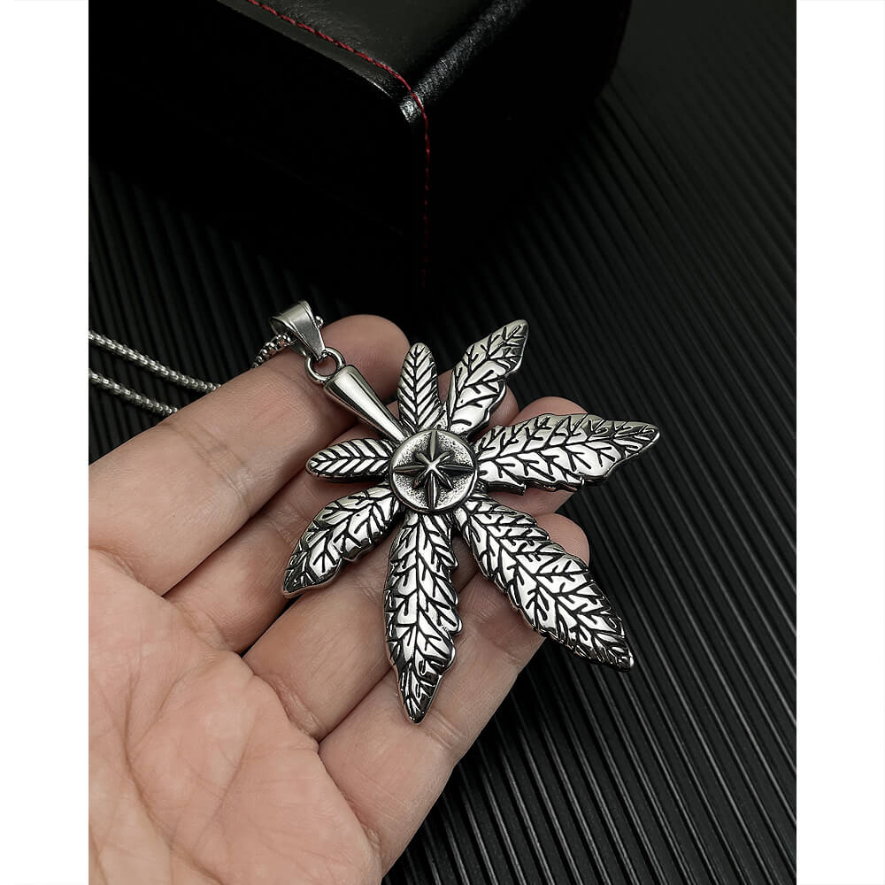 AG Mystery Journey Silver Cannabis Leaves Pendant Necklace - AGCHEN JEWELRY,men necklace