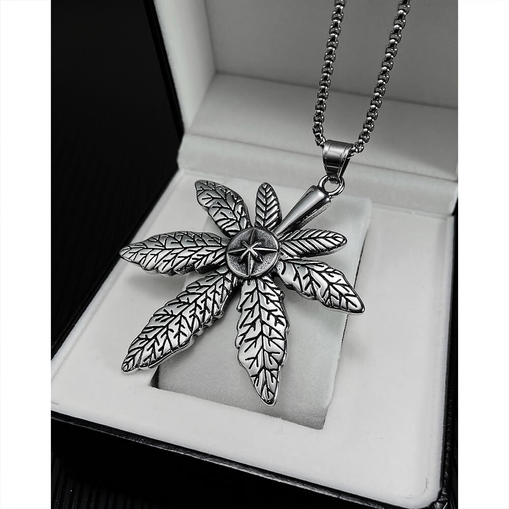 AG Mystery Journey Silver Cannabis Leaves Pendant Necklace - AGCHEN JEWELRY,men necklace