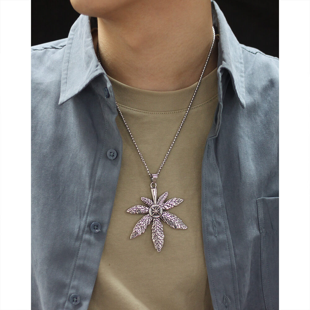 AG Mystery Journey Silver Cannabis Leaves Pendant Necklace - AGCHEN JEWELRY,men necklace