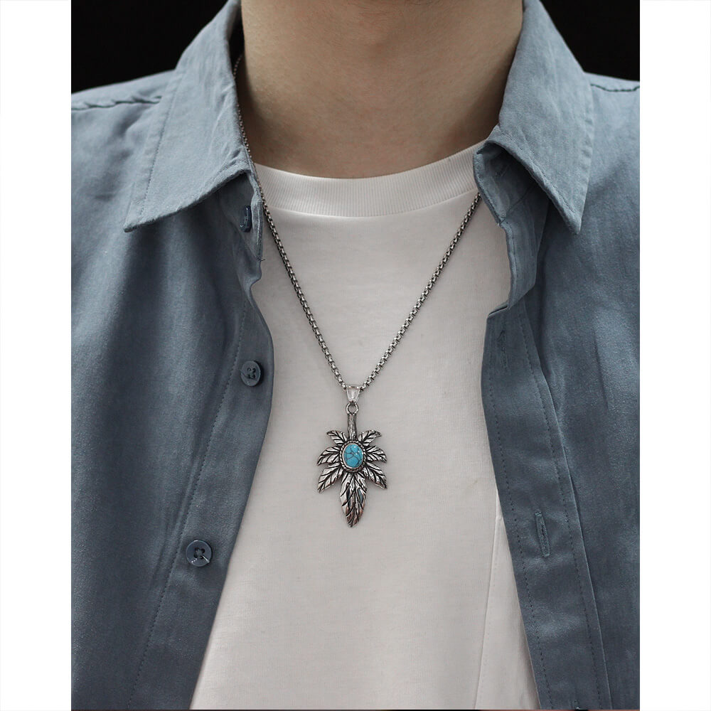 AG Silver Feather Of Faith With Calaite Pendant Necklace - AGCHEN JEWELRY,men necklace