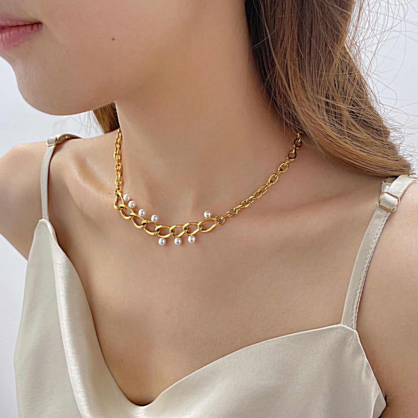AG Exquisite Gold Stainless Steel Necklace With Pearls - AGCHEN JEWELRY,necklace