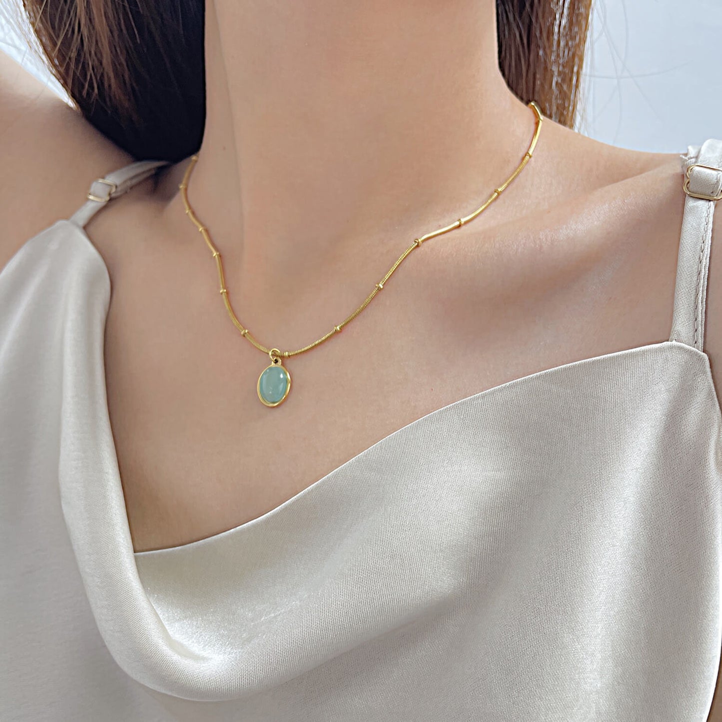 AG Golden Pendant With Big Green Opal Necklace - AGCHEN JEWELRY,necklace