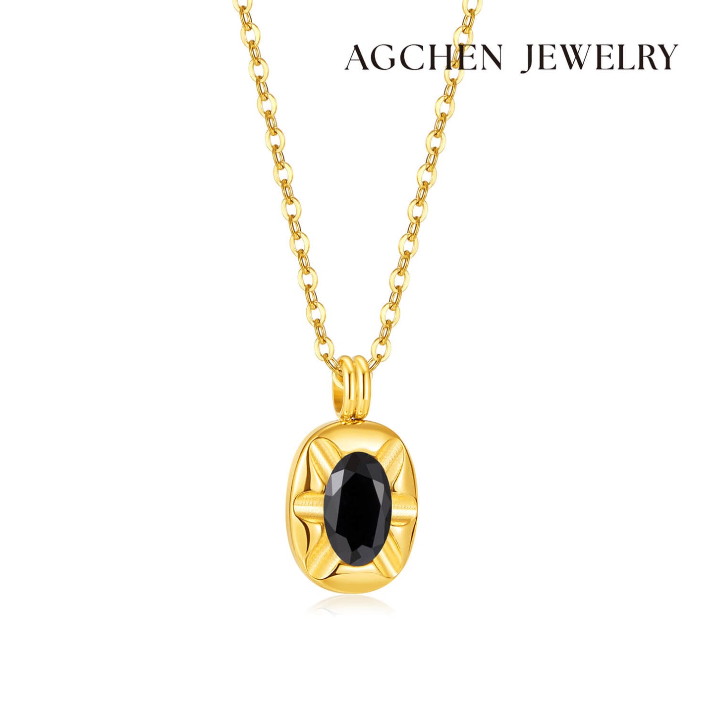 AG Golden Pendant Necklace With Black Cubic Zirconia Charm - AGCHEN JEWELRY,necklace