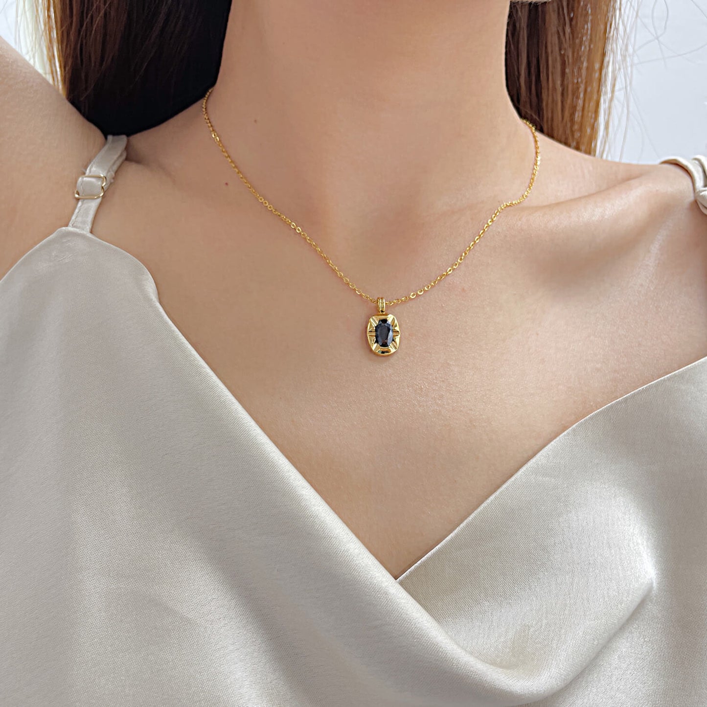 AG Golden Pendant Necklace With Black Cubic Zirconia Charm - AGCHEN JEWELRY,necklace
