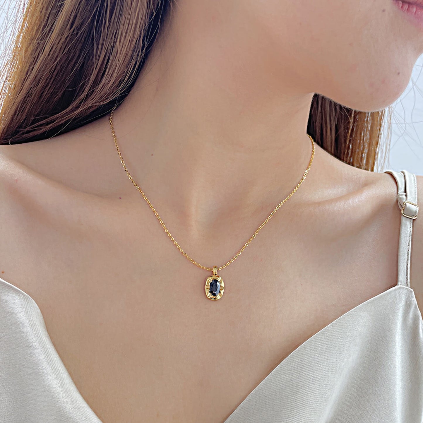 AG Golden Pendant Necklace With Black Cubic Zirconia Charm - AGCHEN JEWELRY,necklace