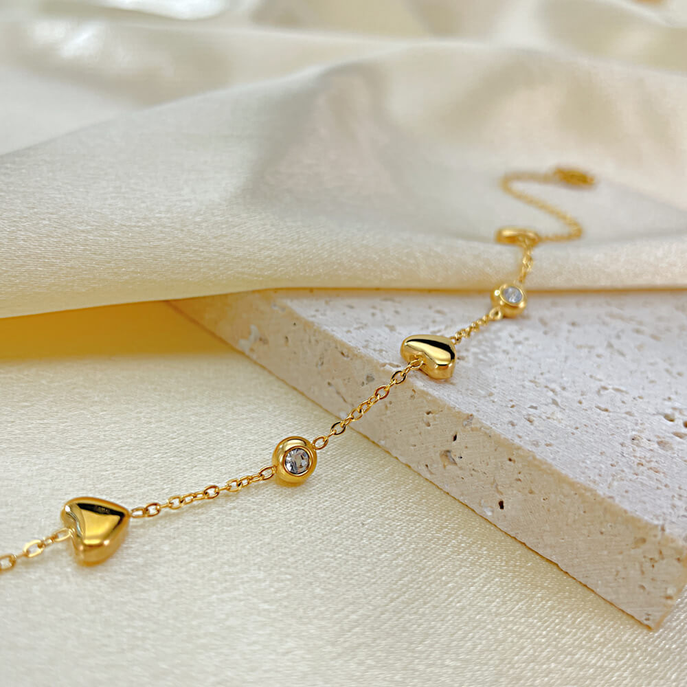 AG Gold Heart Charm Anklet With Cubic Zirconia & Black Enamel - AGCHEN JEWELRY,anklet