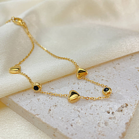 AG Gold Heart Charm Anklet With Cubic Zirconia & Black Enamel - AGCHEN JEWELRY,anklet