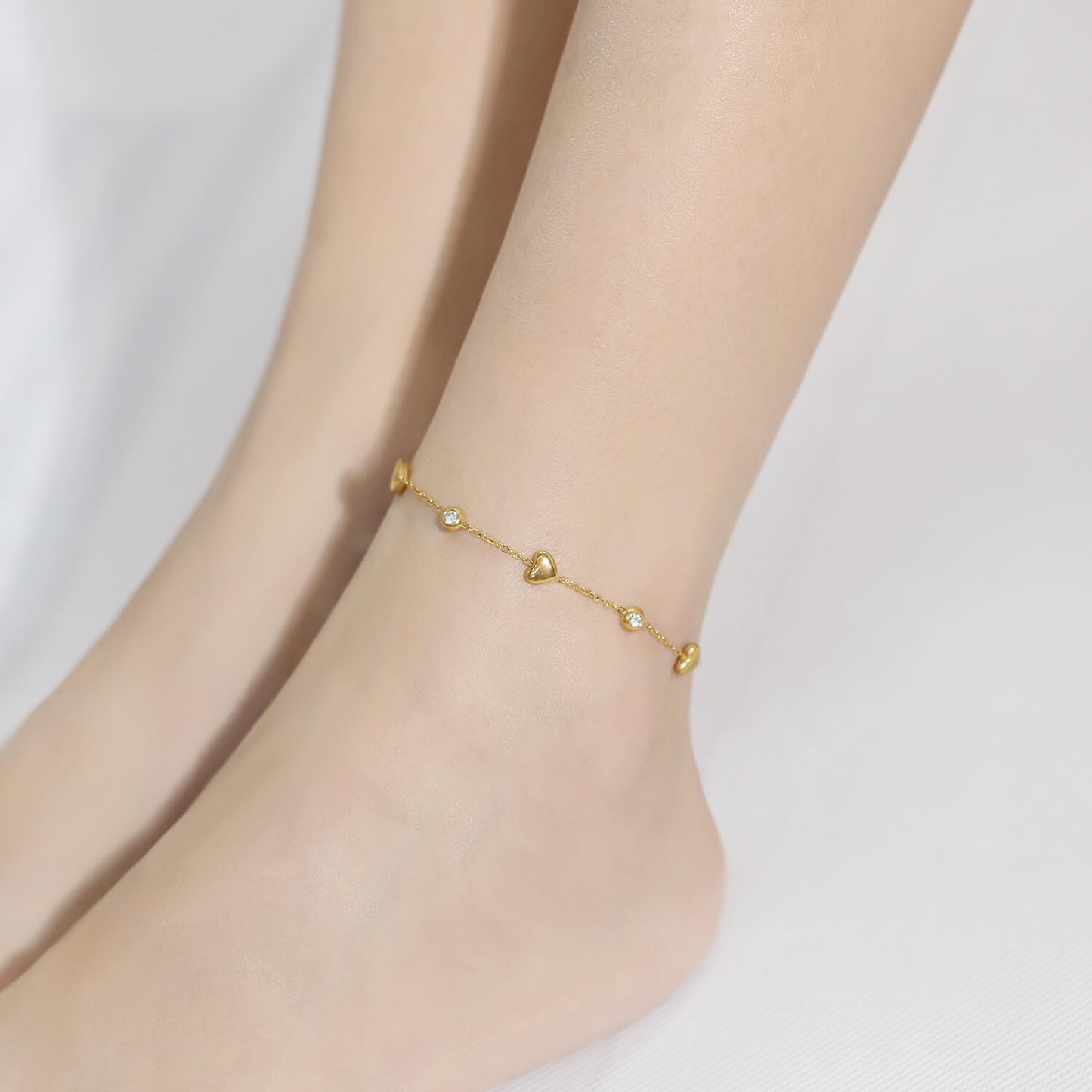 AG Gold Heart Charm Anklet With Cubic Zirconia & Black Enamel - AGCHEN JEWELRY,anklet