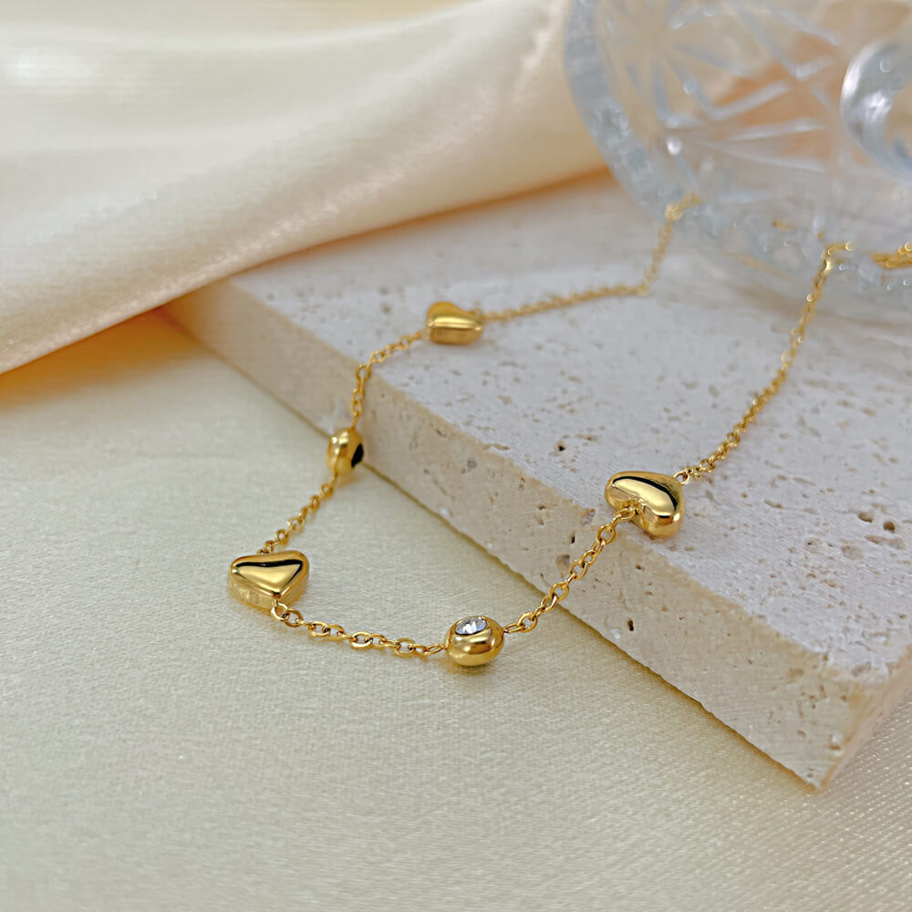 AG Gold Heart Charm Anklet With Cubic Zirconia & Black Enamel - AGCHEN JEWELRY,anklet