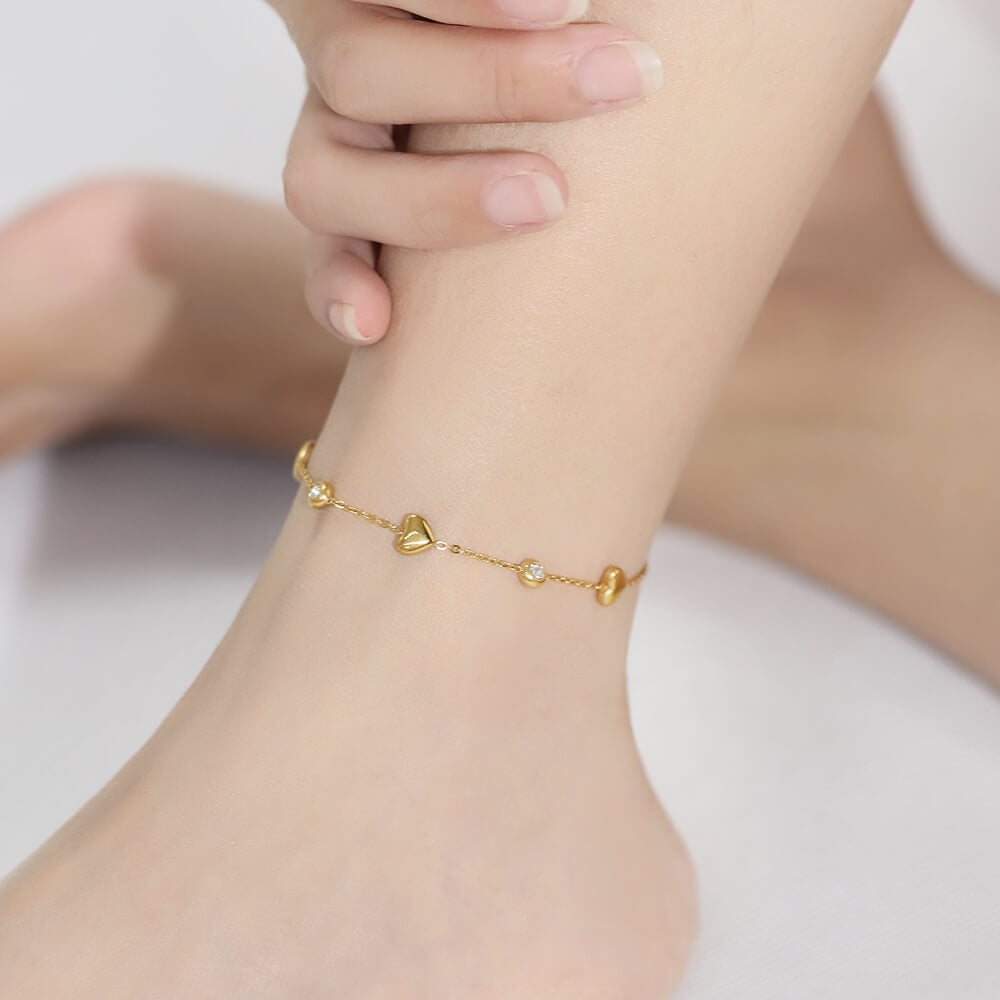 AG Gold Heart Charm Anklet With Cubic Zirconia & Black Enamel - AGCHEN JEWELRY,anklet