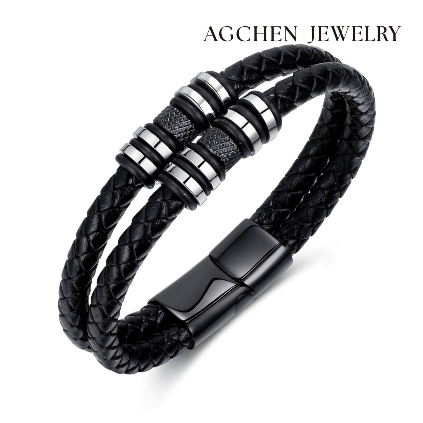 AG Mens 2 Layers Black Leather Bracelet With Wheel-like Ornament - AGCHEN JEWELRY,man bracelet