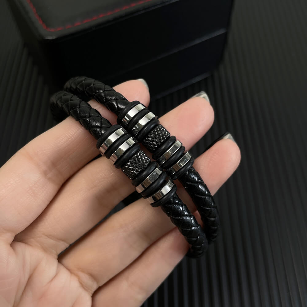 AG Mens 2 Layers Black Leather Bracelet With Wheel-like Ornament - AGCHEN JEWELRY,man bracelet