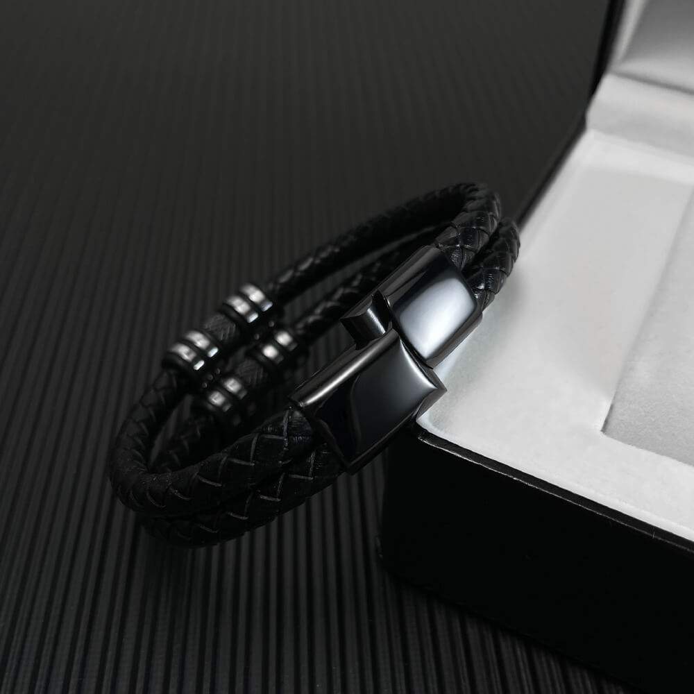 AG Mens 2 Layers Black Leather Bracelet With Wheel-like Ornament - AGCHEN JEWELRY,man bracelet
