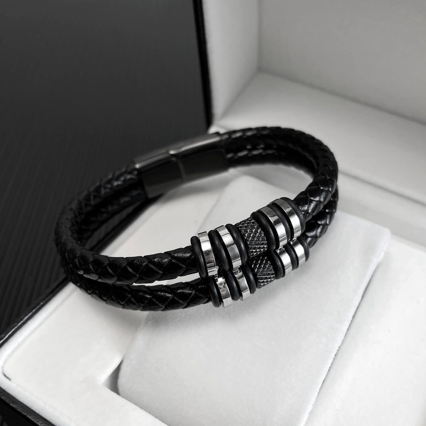 AG Mens 2 Layers Black Leather Bracelet With Wheel-like Ornament - AGCHEN JEWELRY,man bracelet