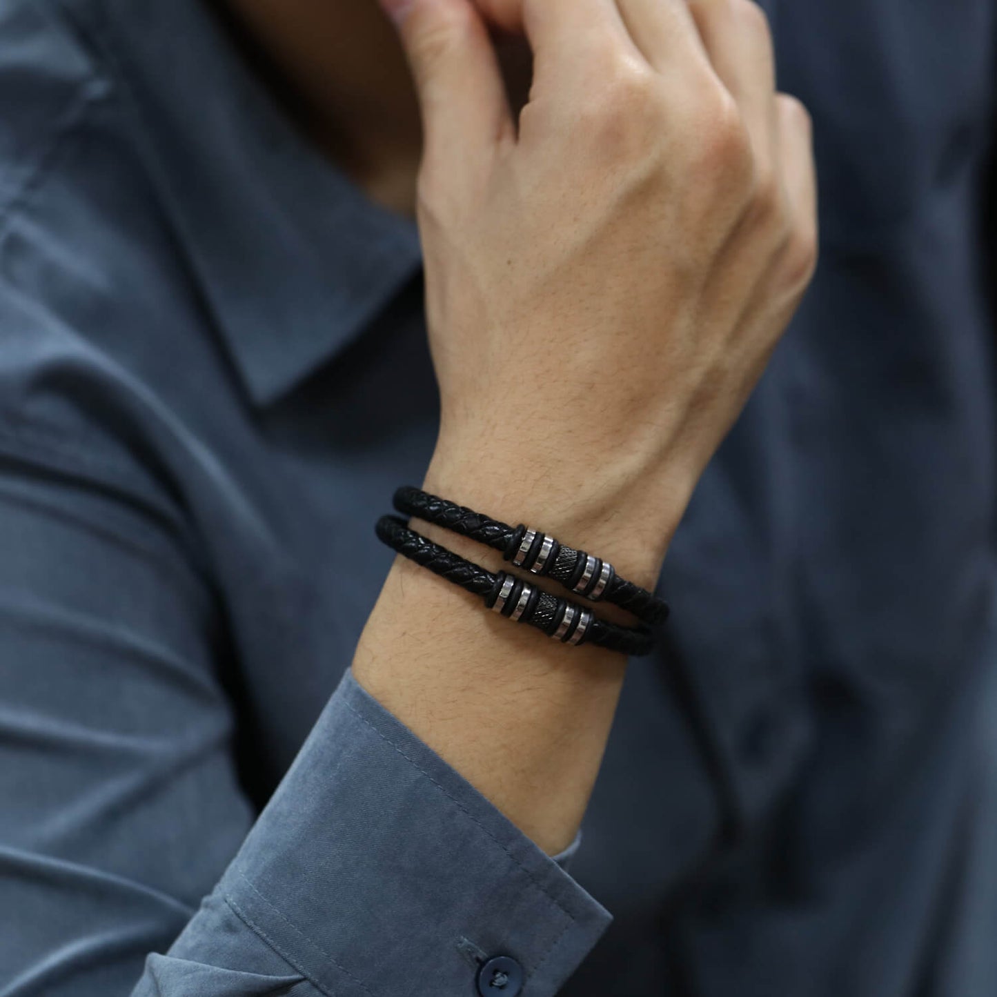 AG Mens 2 Layers Black Leather Bracelet With Wheel-like Ornament - AGCHEN JEWELRY,man bracelet