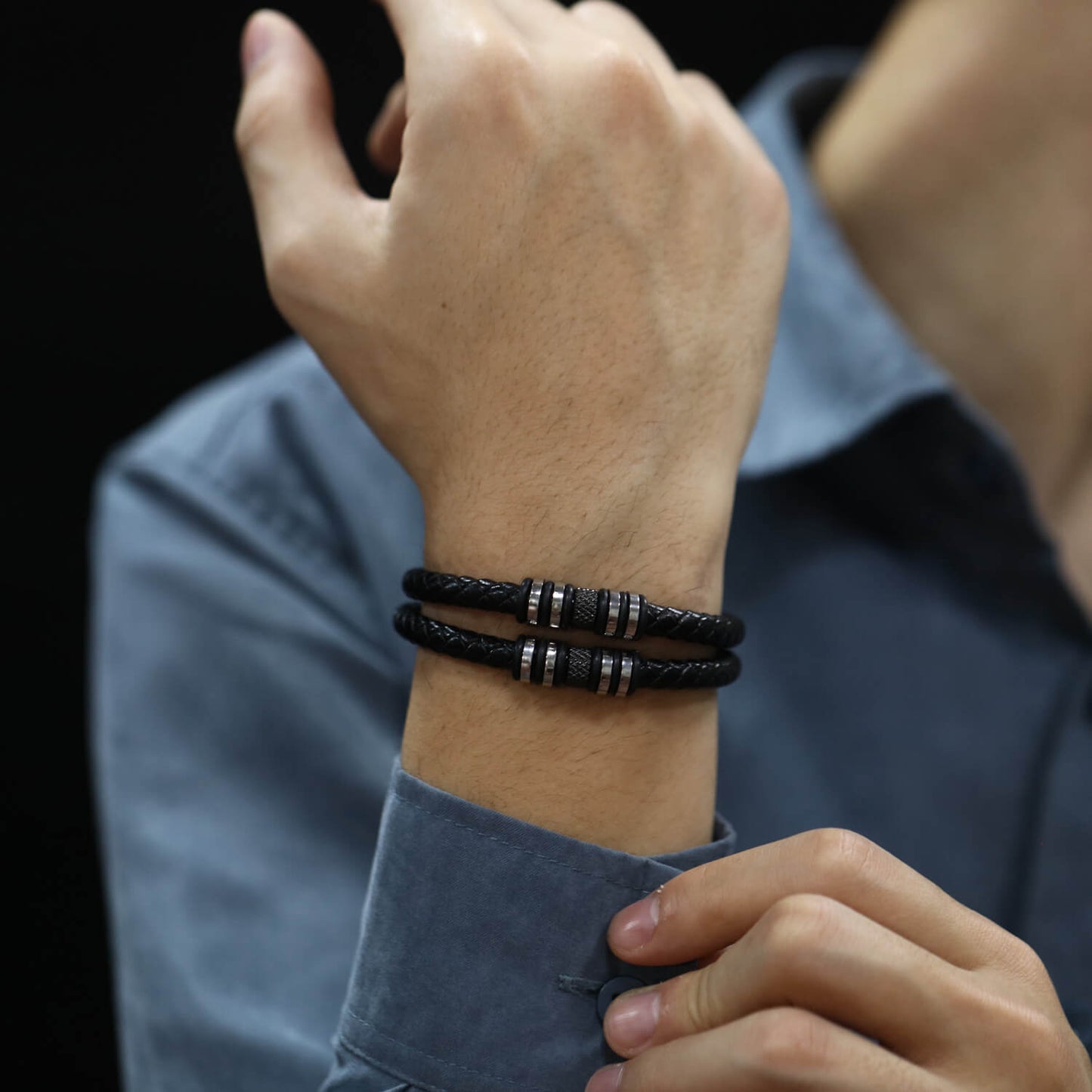 AG Mens 2 Layers Black Leather Bracelet With Wheel-like Ornament - AGCHEN JEWELRY,man bracelet