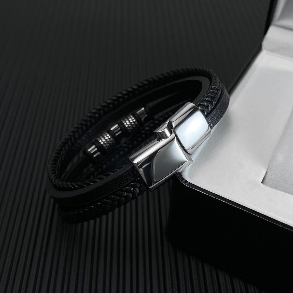 AG Mens 4 Layers Black Leather Bracelet With Wheel-like Ornament - AGCHEN JEWELRY,man bracelet