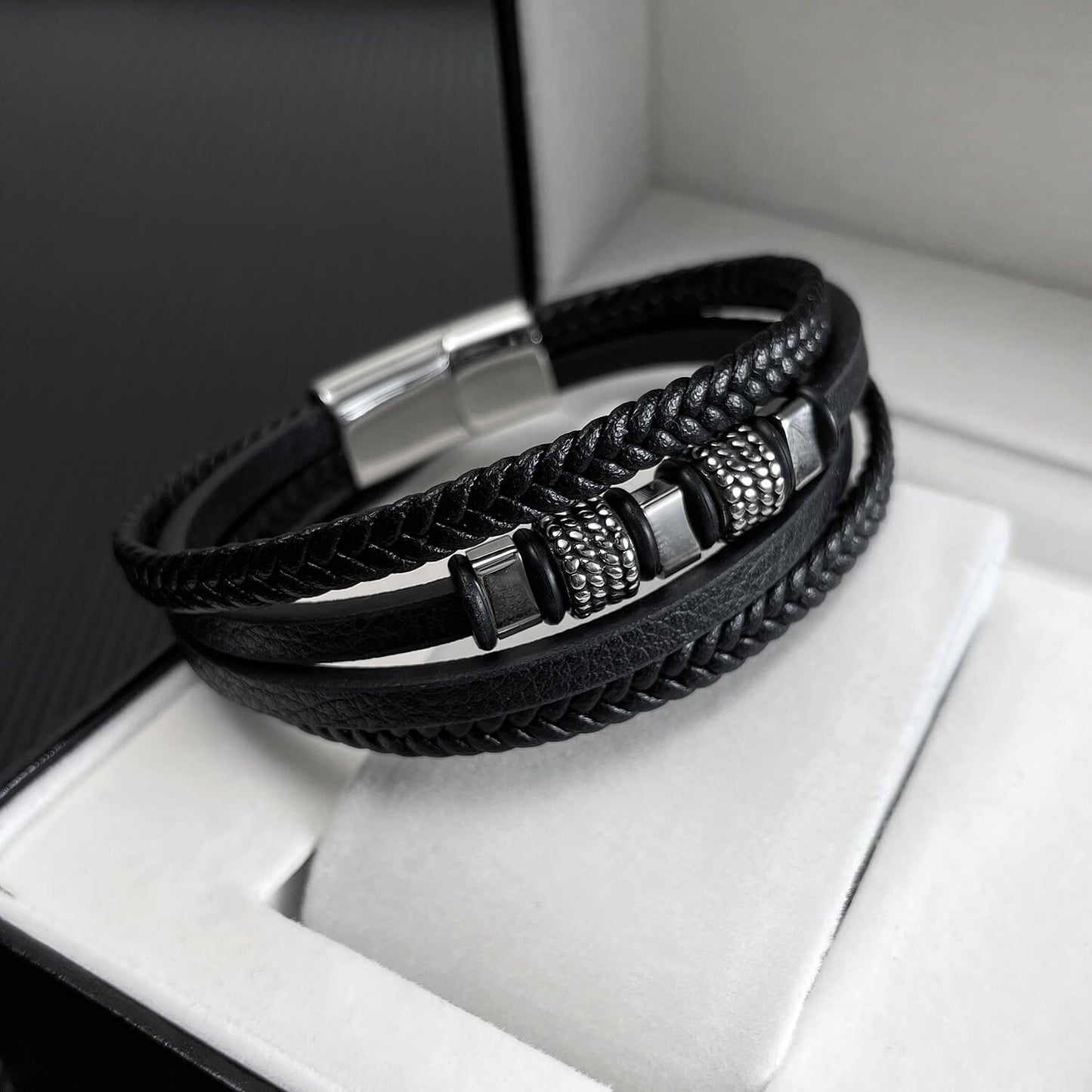 AG Mens 4 Layers Black Leather Bracelet With Wheel-like Ornament - AGCHEN JEWELRY,man bracelet