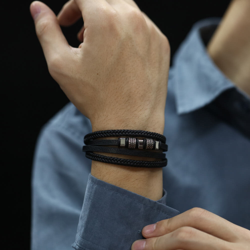 AG Mens 4 Layers Black Leather Bracelet With Wheel-like Ornament - AGCHEN JEWELRY,man bracelet