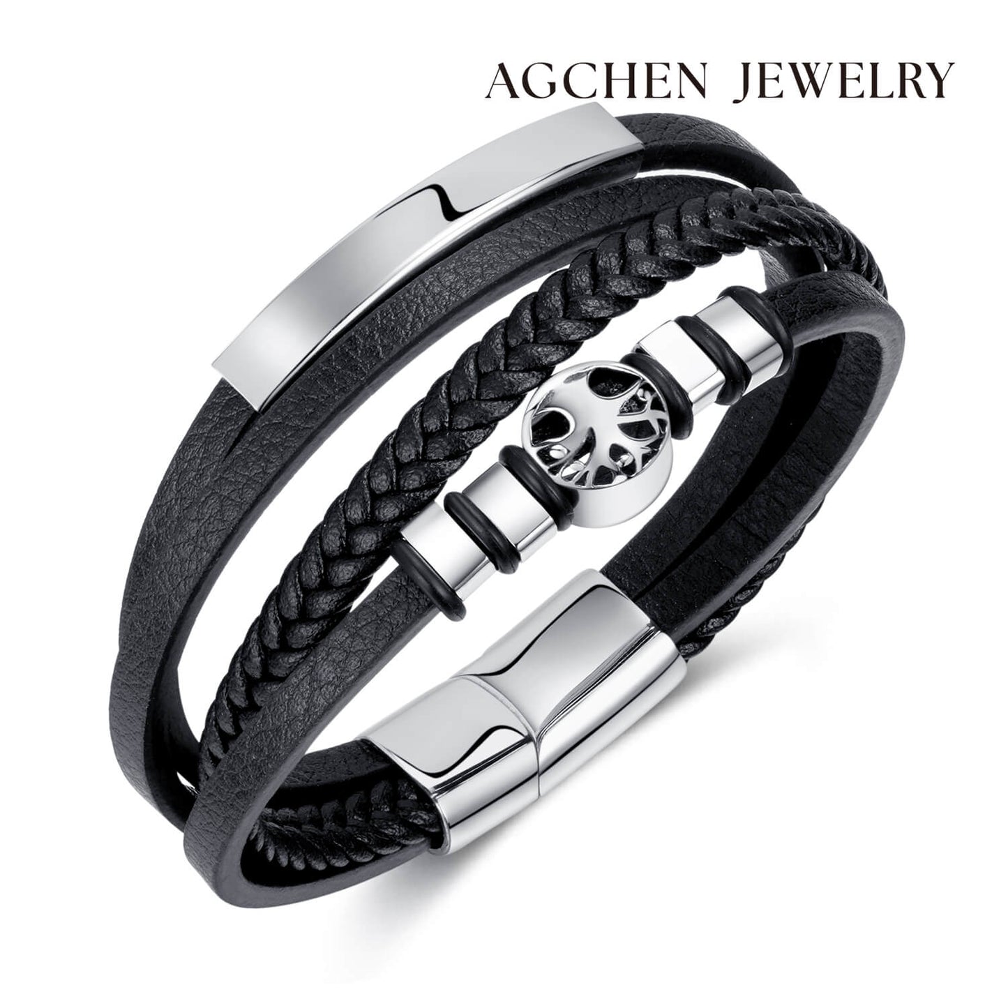 AG Mens 4 Layers Black Leather Bracelet With Unique Ornament - AGCHEN JEWELRY,man bracelet