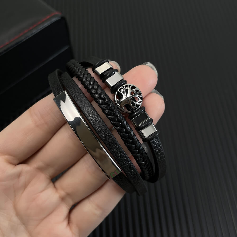 AG Mens 4 Layers Black Leather Bracelet With Unique Ornament - AGCHEN JEWELRY,man bracelet
