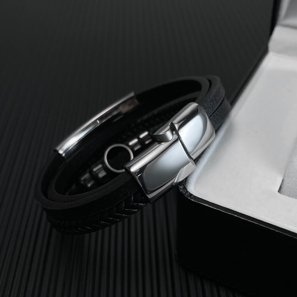 AG Mens 4 Layers Black Leather Bracelet With Unique Ornament - AGCHEN JEWELRY,man bracelet