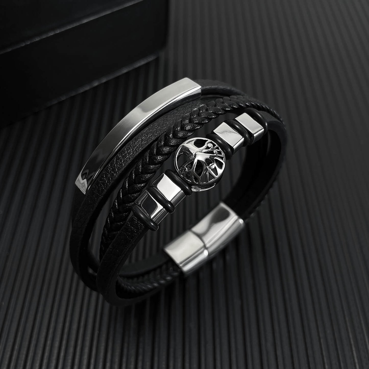 AG Mens 4 Layers Black Leather Bracelet With Unique Ornament - AGCHEN JEWELRY,man bracelet