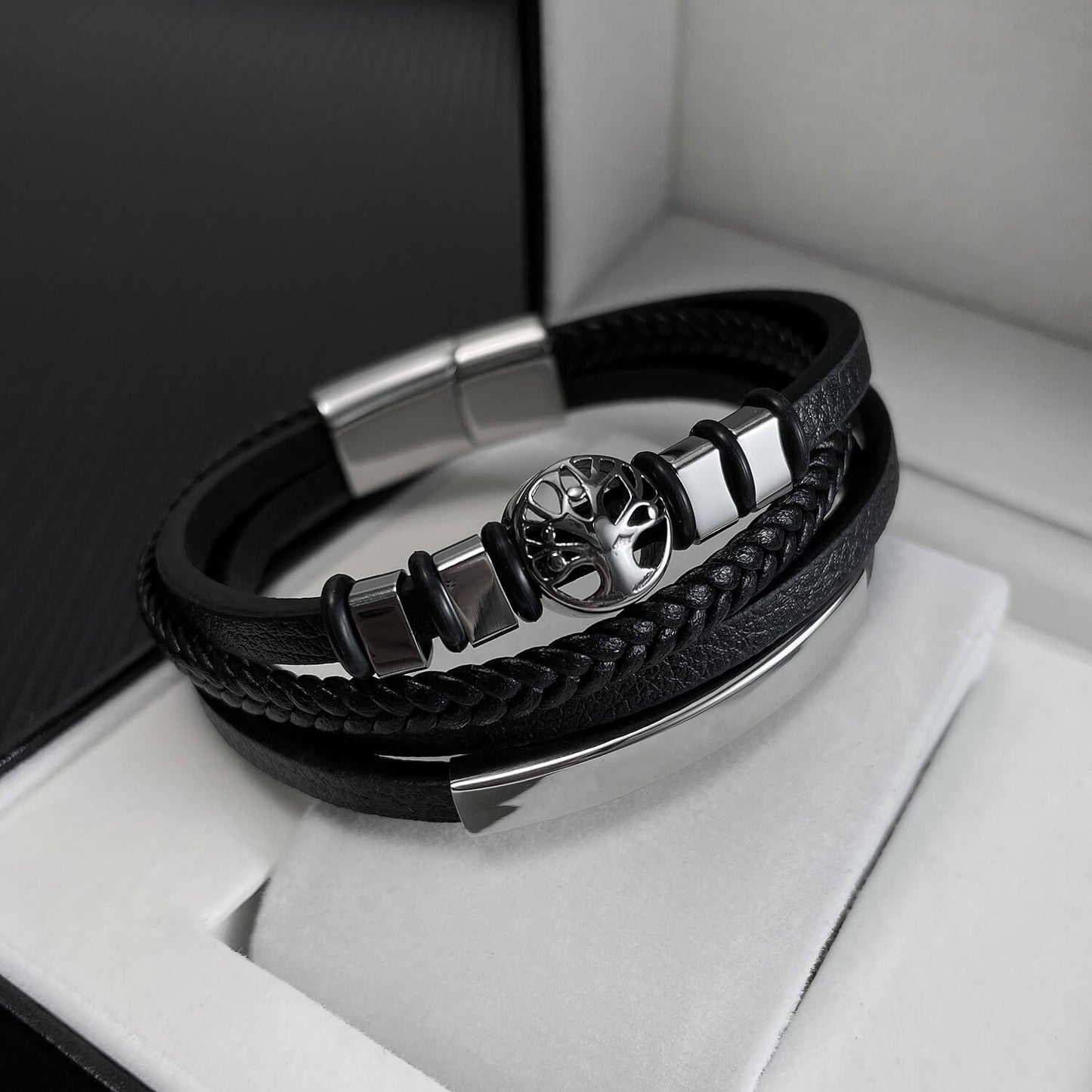 AG Mens 4 Layers Black Leather Bracelet With Unique Ornament - AGCHEN JEWELRY,man bracelet