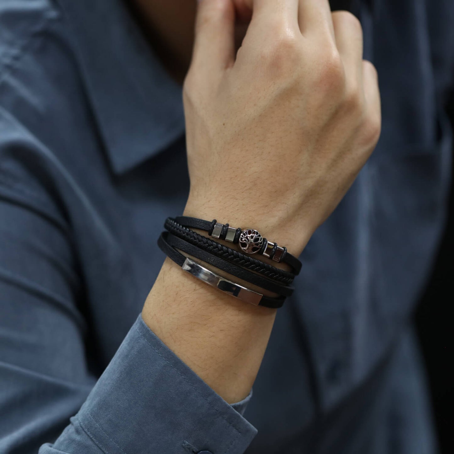 AG Mens 4 Layers Black Leather Bracelet With Unique Ornament - AGCHEN JEWELRY,man bracelet
