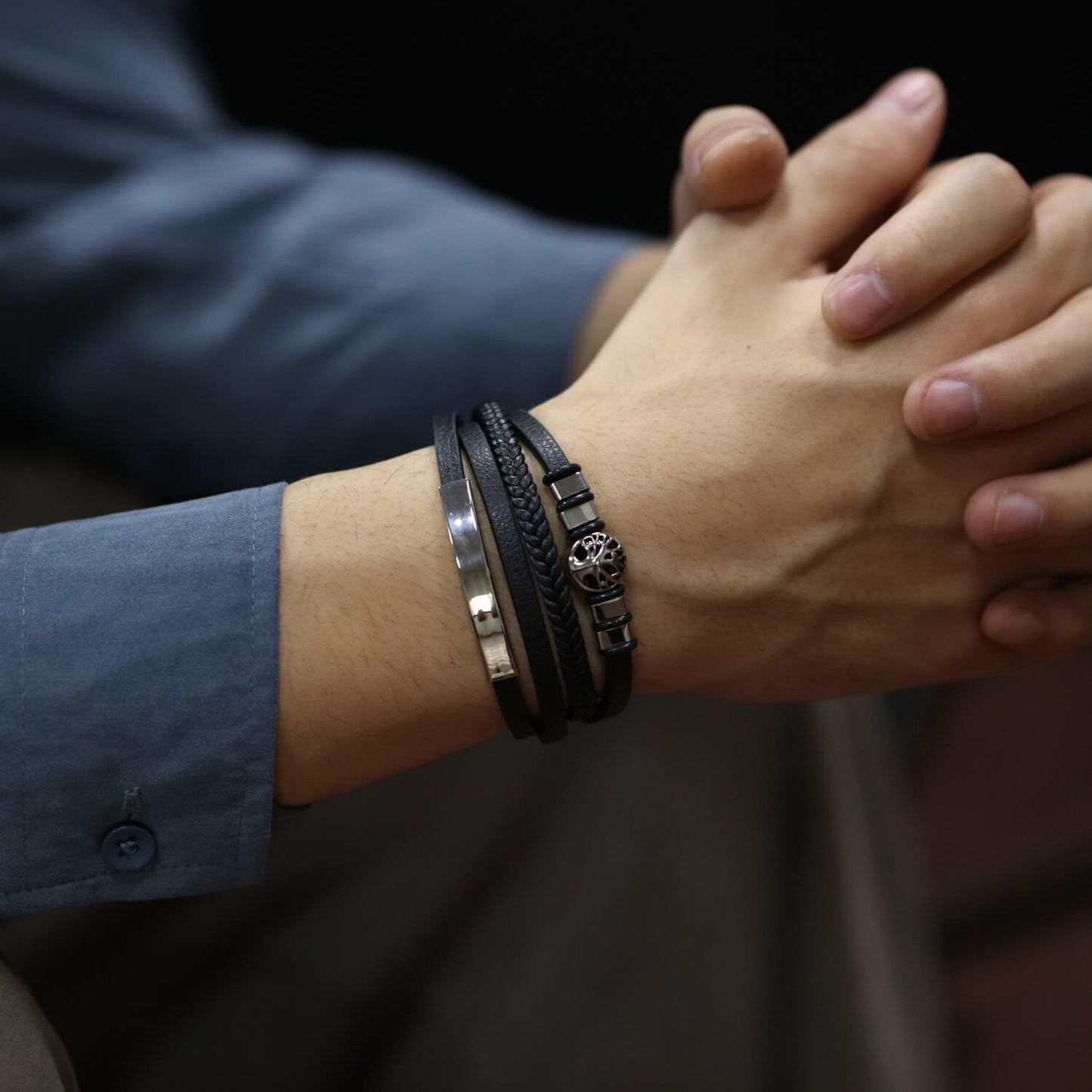 AG Mens 4 Layers Black Leather Bracelet With Unique Ornament - AGCHEN JEWELRY,man bracelet