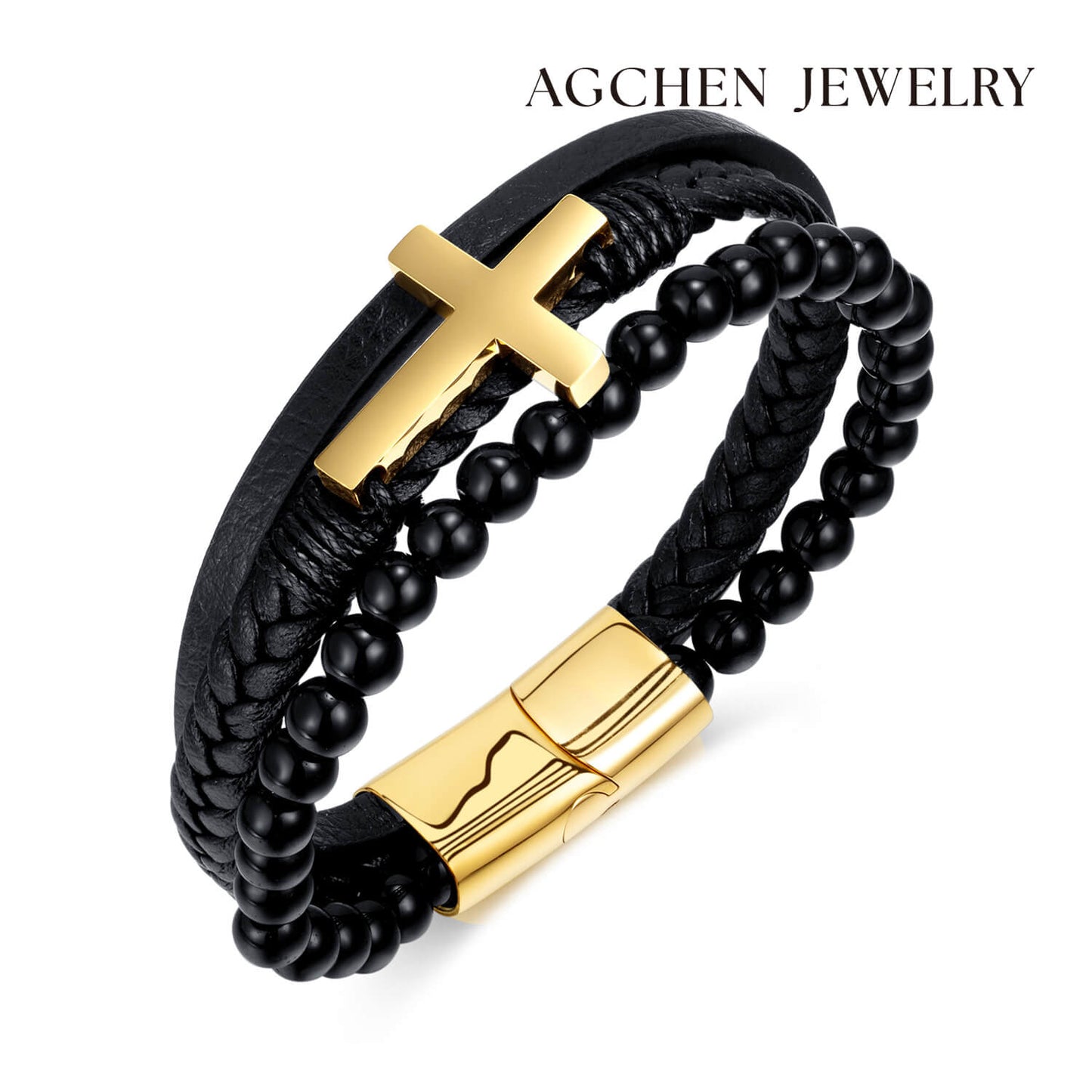 AG Mens 3 Layers Beads And Cross Bracelet - AGCHEN JEWELRY,man bracelet