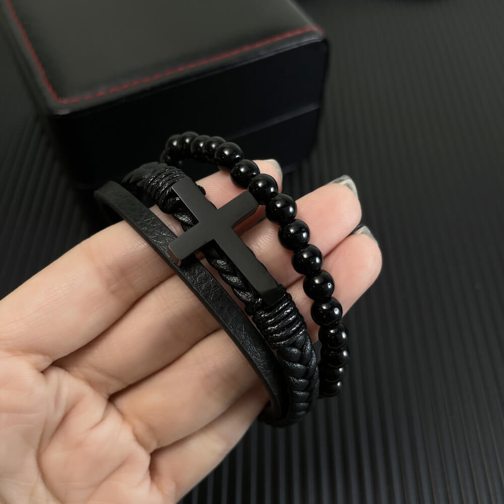 AG Mens 3 Layers Beads And Cross Bracelet - AGCHEN JEWELRY,man bracelet