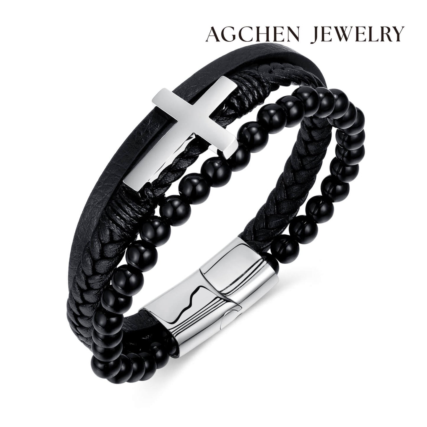 AG Mens 3 Layers Beads And Cross Bracelet - AGCHEN JEWELRY,man bracelet