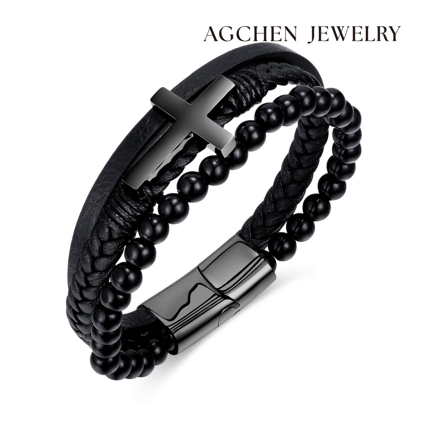 AG Mens 3 Layers Beads And Cross Bracelet - AGCHEN JEWELRY,man bracelet