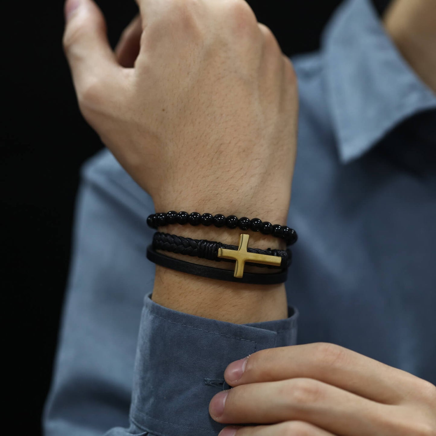 AG Mens 3 Layers Beads And Cross Bracelet - AGCHEN JEWELRY,man bracelet