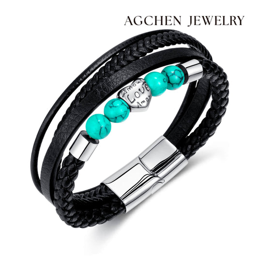 AG Mens 4 Layers Black Leather gemstone Bracelet With Love Heart Ornament - AGCHEN JEWELRY,man bracelet